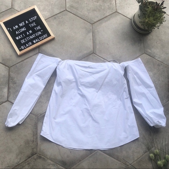 Theory LAUREEMA Off Shoulder BuildIn Bra Poplin White Top Ballon Puff Sleeve - Picture 14 of 16